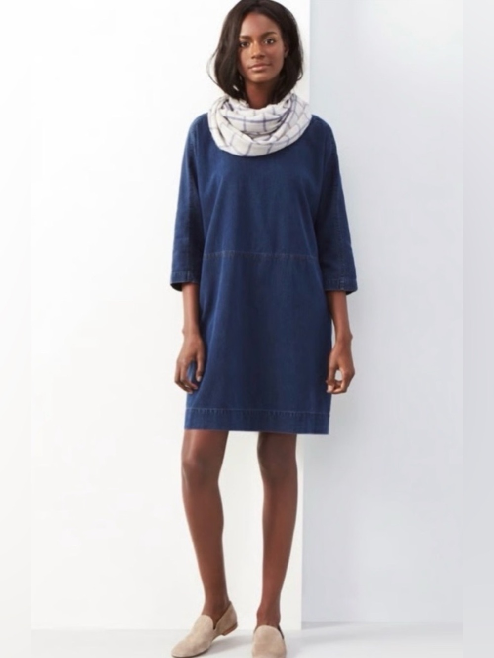 Eileen Fisher Woman Blue Tencel Organic Cotton Chambray Denim Dress 3/4 Sleeve